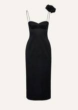 Load image into Gallery viewer, Flower appliqué silk midi dress in black