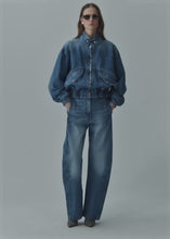 Load and play video in Gallery viewer, Cropped denim bomber jacket in light blue