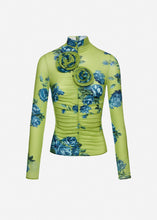 Load image into Gallery viewer, Longsleeve rose detail top in green print
