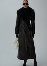 Load image into Gallery viewer, Long faux fur trim belted leather coat in black
