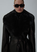 Load image into Gallery viewer, Long faux fur trim belted leather coat in black
