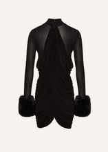 Load image into Gallery viewer, Ruched high-neck mini dress in black
