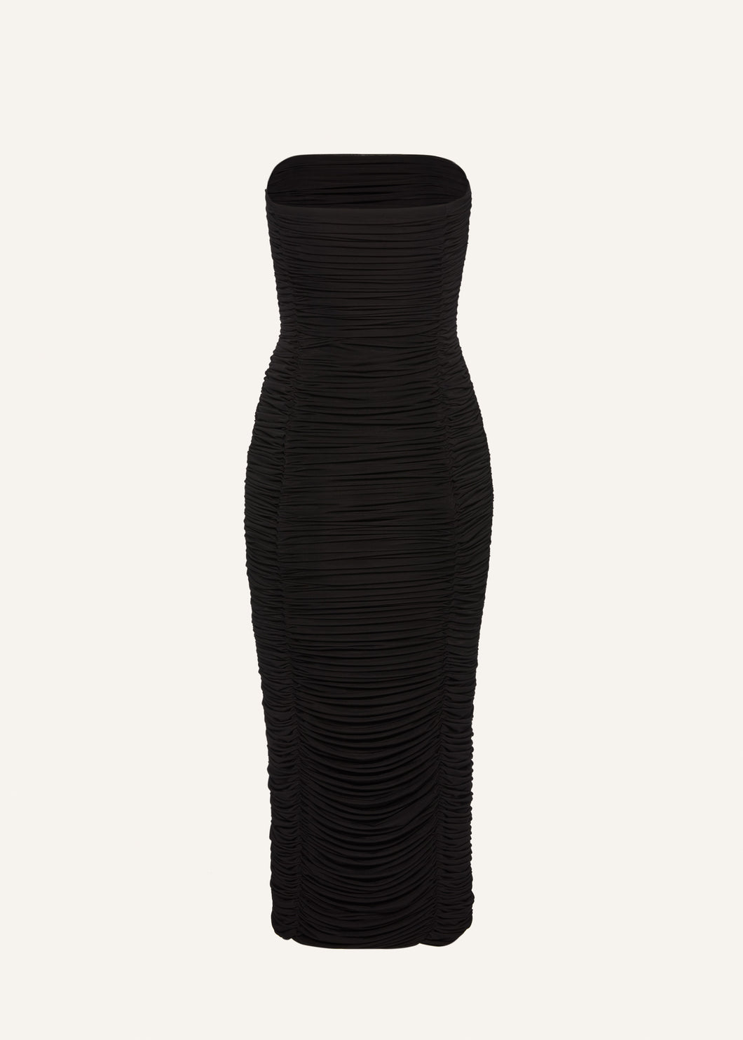 Strapless ruched midi dress in black