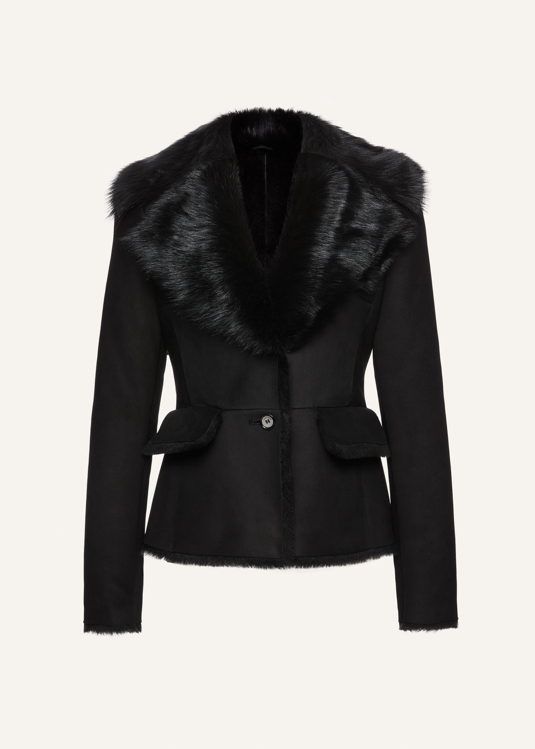 Fur-collar shearling jacket in black