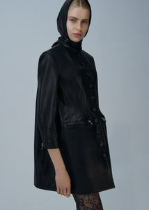 Stitch waist retro leather peacoat in black