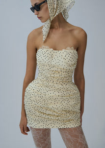 Strapless ruched silk mini dress in cream dots
