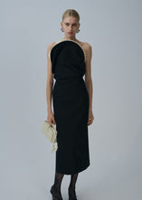 Load image into Gallery viewer, Lace trim sculptural midi dress in black
