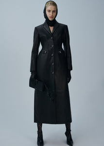 Stitch waist leather coat in black