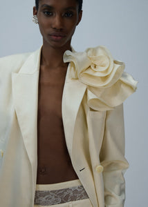 Double breasted flower appliqué coat in cream