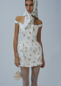 Off-shoulder hip pad midi dress in cream print