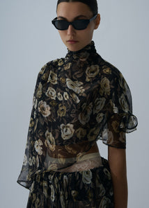 Flowy high-neck cropped blouse in black print