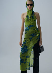 High-neck floral applique midi dress in green print