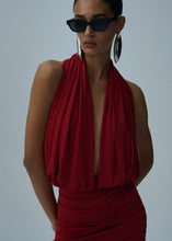 Load image into Gallery viewer, Plunge halter jersey midi dress in red
