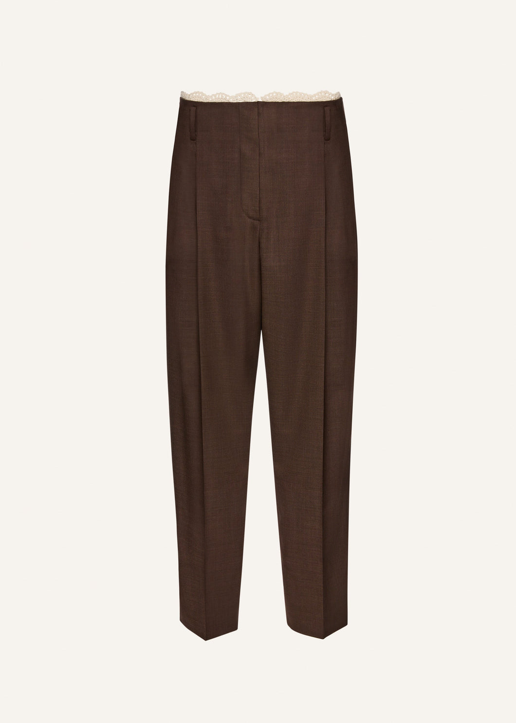 Lace-detail wool tapered trousers in brown