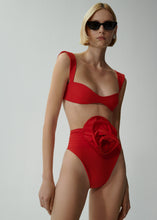 Load image into Gallery viewer, High-waisted flower appliqué swim bottom in red
