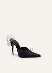 PF23 FLOWER HEEL MULES SATIN BLACK PEARL