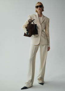 Wide leg tailored silk pants in beige