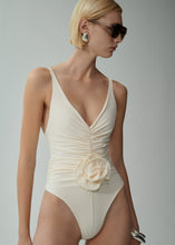 Load image into Gallery viewer, Ruched flower swimsuit in cream
