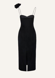 Flower appliqué silk midi dress in black