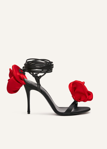 RE23 FLOWER SHOES BLACK SATIN RED FLOWER