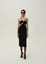 Load image into Gallery viewer, Cutout wire neckline midi dress in black
