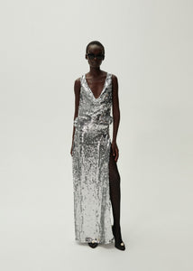 Cowl neck sequin dress in silver