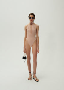 Halterneck bodysuit in beige