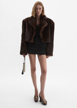 Load image into Gallery viewer, Cropped faux fur jacket in brown with embroidered lining
