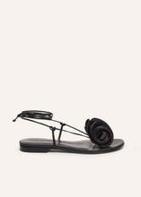 Load image into Gallery viewer, SS23 WRAP AROUND FLAT FLOWER SANDALS SATIN BLACK
