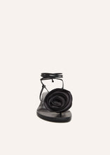 Load image into Gallery viewer, SS23 WRAP AROUND FLAT FLOWER SANDALS SATIN BLACK
