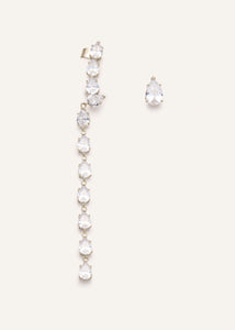 Asymmetrical crystal drop earring set in gold