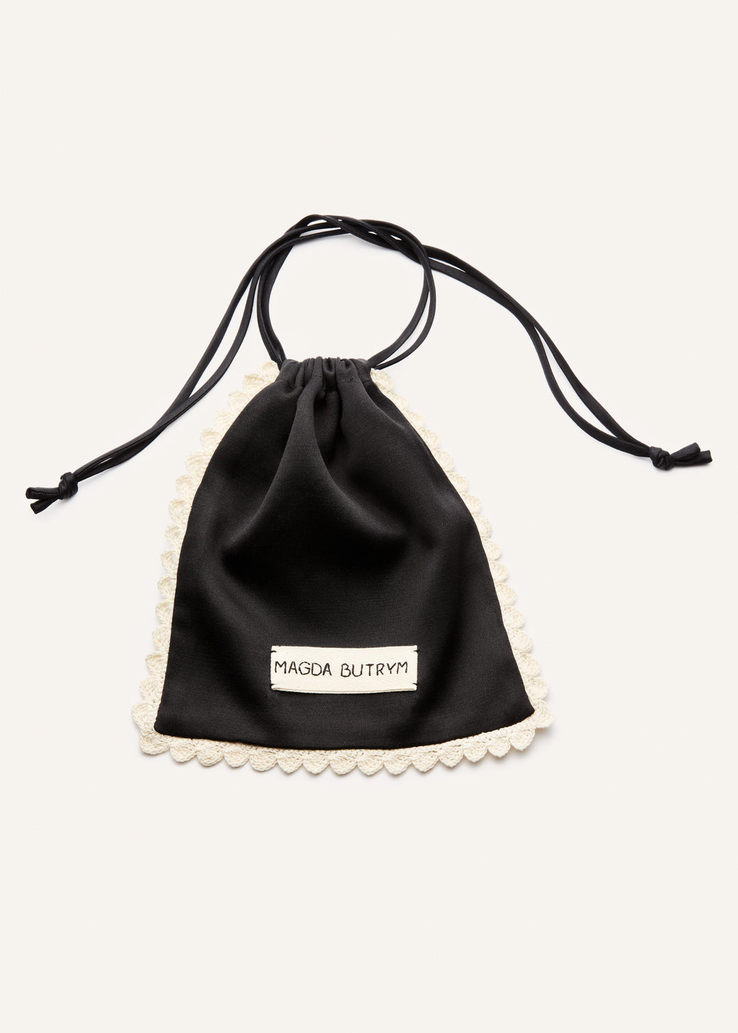 Silk pouch with crochet trim in black