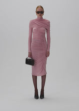Load and play video in Gallery viewer, Draped high neck midi dress in pink
