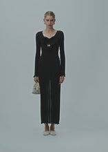 Load and play video in Gallery viewer, Shirred flower decollete midi dress in black
