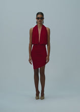 Load and play video in Gallery viewer, Plunge halter jersey midi dress in red
