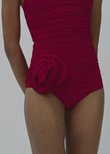 Load and play video in Gallery viewer, Flower appliqué strapless draped swimsuit in red
