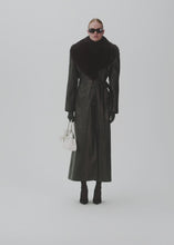 Load and play video in Gallery viewer, Long faux fur trim belted leather coat in black
