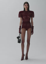 Load and play video in Gallery viewer, Short sleeve crochet bodysuit in bordeaux
